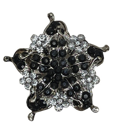 Fashion Jewelry Snowflake shaped Silver Tone Brooch with Black/Clear Cabochons - Picture 6 of 11